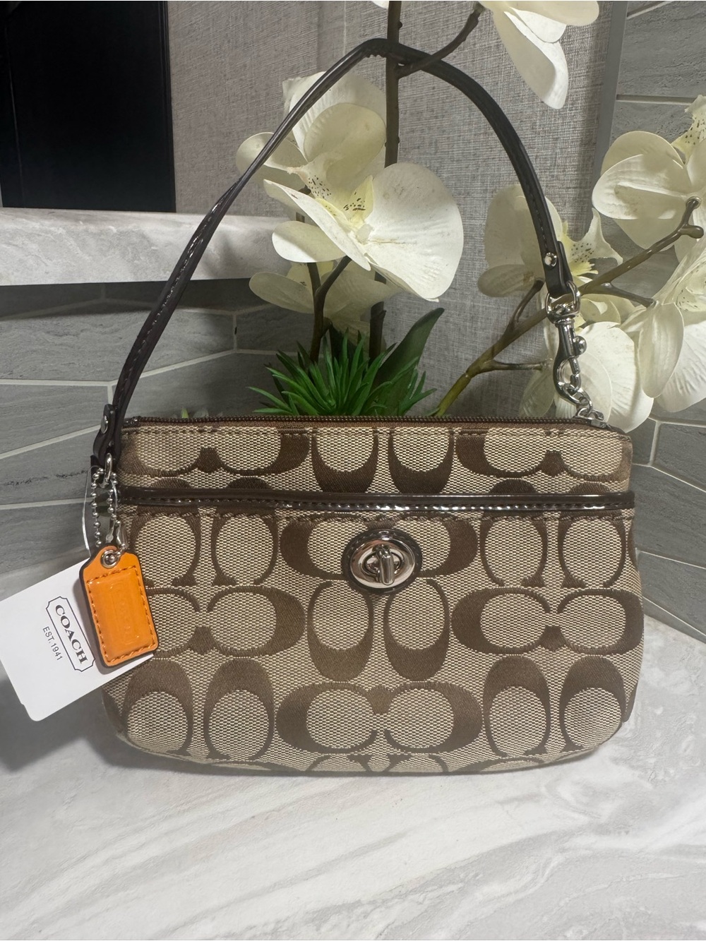 Coach Tan/Brown Signature Canvas Medium Wristlet Clutch w/ Turn lock Pocket